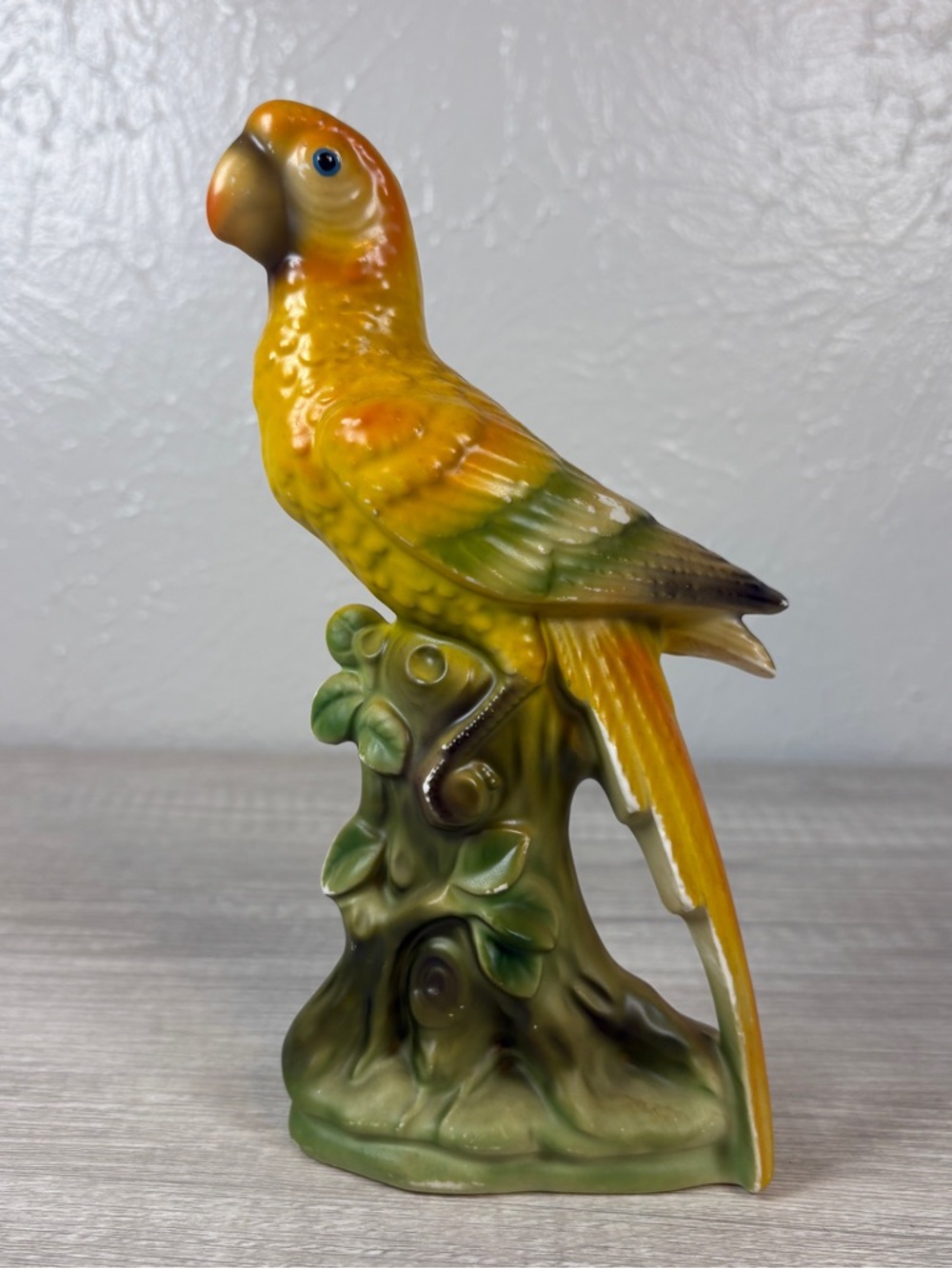 Vintage MCM Ceramic Parrot Figurine in Bright Yellow Made In Japan Porcelain